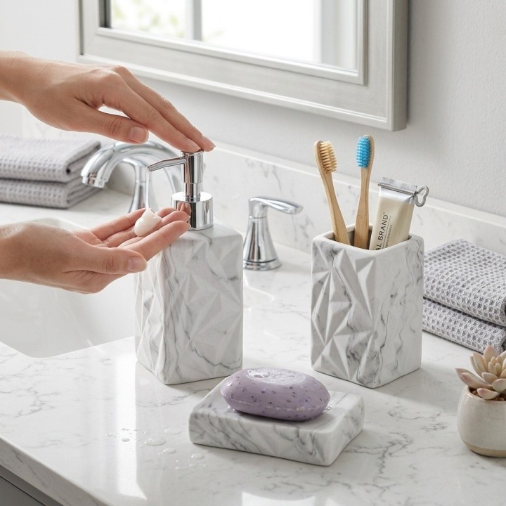 Set 3 Accesorios Baño Dispensador Jabonera Efecto Mármol