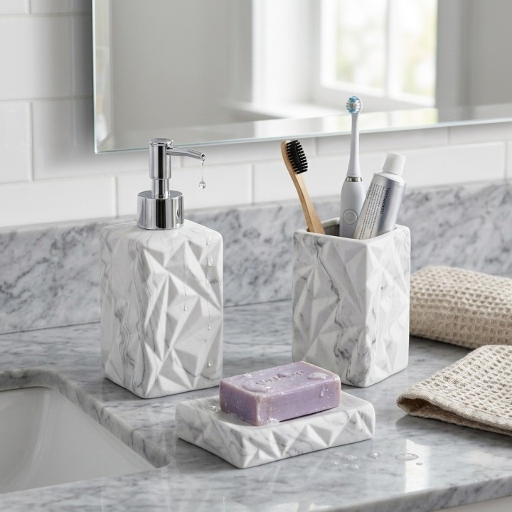 Set 3 Accesorios Baño Dispensador Jabonera Efecto Mármol