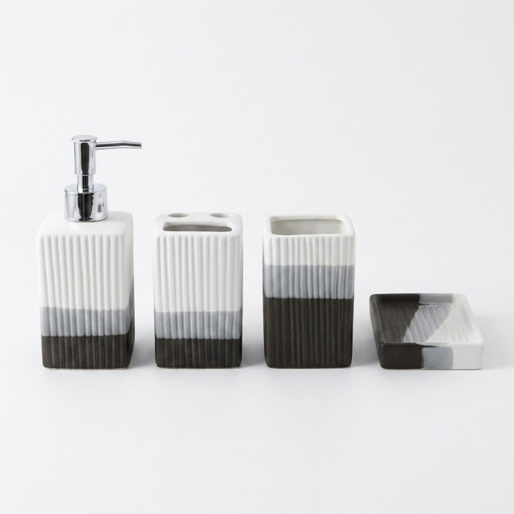Set 4 Accesorios Baño Cerámica Rayado Tricolor