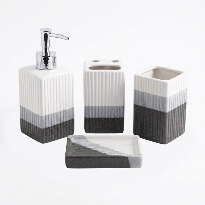 Set 4 Accesorios Baño Cerámica Rayado Tricolor