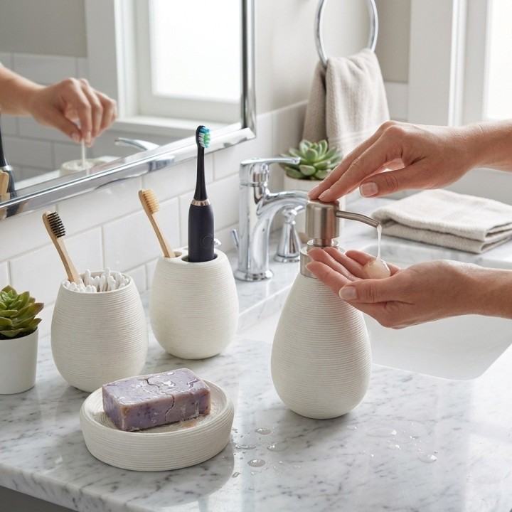 Set 4 Accesorios Baño Dispensador Vaso Jabonera Blanco