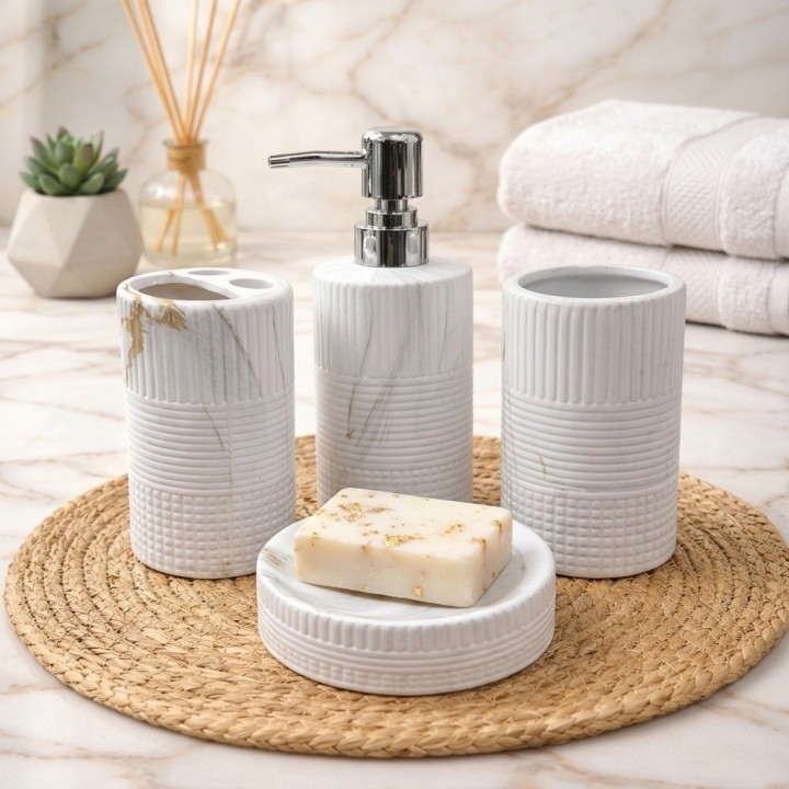 Set 4 Accesorios Baño Dispensador Vaso Jabonera Tipo Mármol