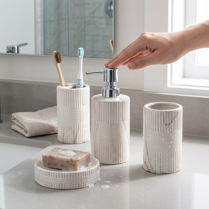 Set 4 Accesorios Baño Dispensador Vaso Jabonera Tipo Mármol