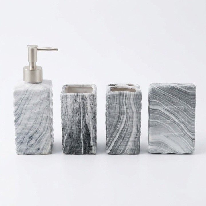Set 4 Accesorios Baño Efecto Mármol Gris Texturizado
