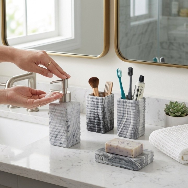 Set 4 Accesorios Baño Efecto Mármol Gris Texturizado
