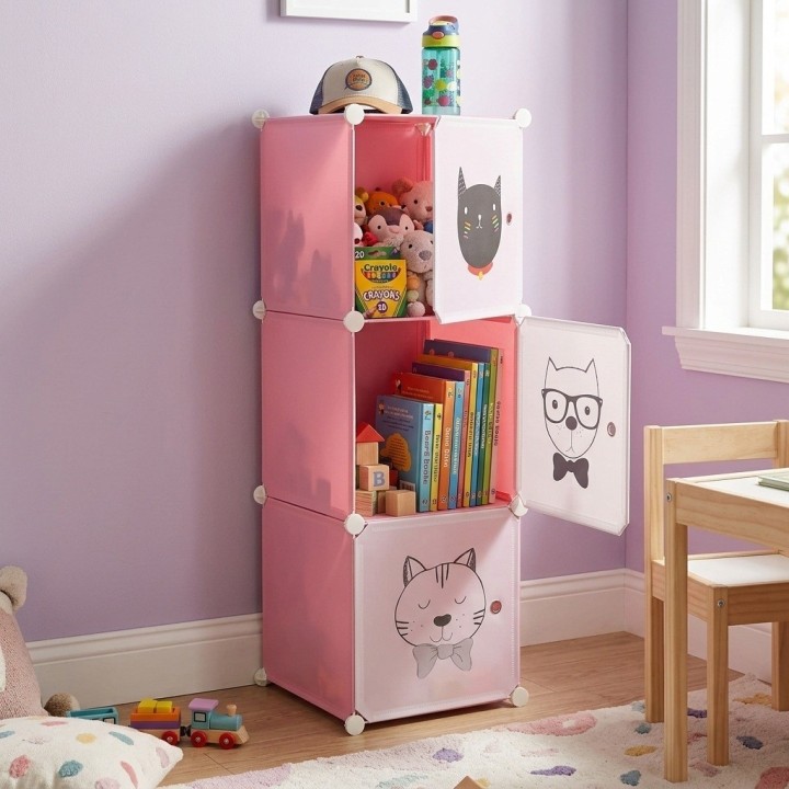 Armario Organizador Modular Infantil 3 Cubos Rosa Gatos