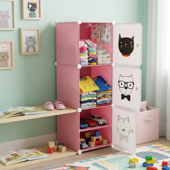 Armario Organizador Modular Infantil 3 Cubos Rosa Gatos