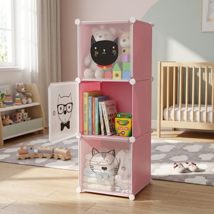 Armario Organizador Modular Infantil 3 Cubos Rosa Gatos