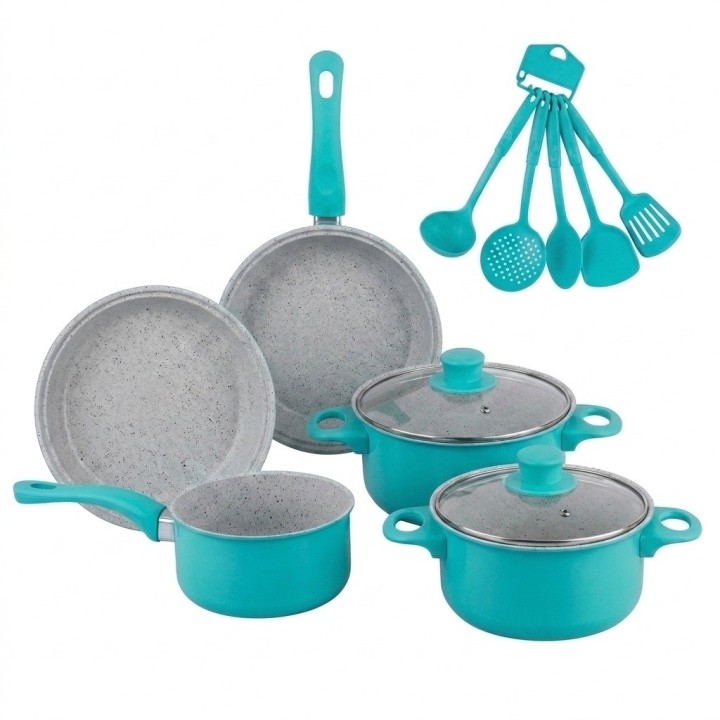 Batería Cocina 13 Piezas Antiadherente Turquesa Utensilios