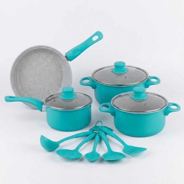 Batería Cocina 13 Piezas Antiadherente Turquesa Utensilios