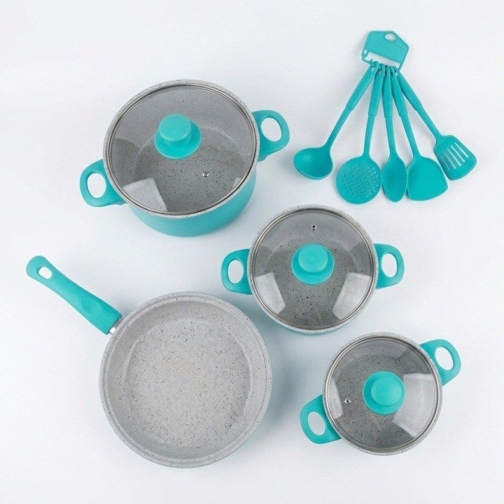 Batería Cocina 13 Piezas Antiadherente Turquesa Utensilios