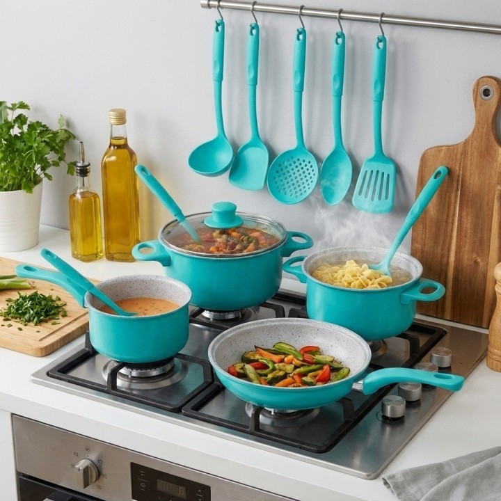 Batería Cocina 13 Piezas Antiadherente Turquesa Utensilios