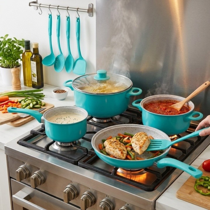 Batería Cocina 13 Piezas Antiadherente Turquesa Utensilios