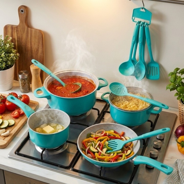Batería Cocina 13 Piezas Antiadherente Turquesa Utensilios