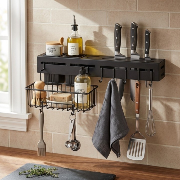 Organizador Cocina Pared Porta Cuchillos Y Cubiertos Negro