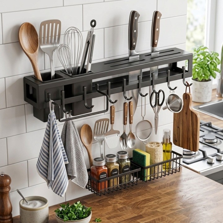 Organizador Cocina Pared Porta Cuchillos Y Cubiertos Negro