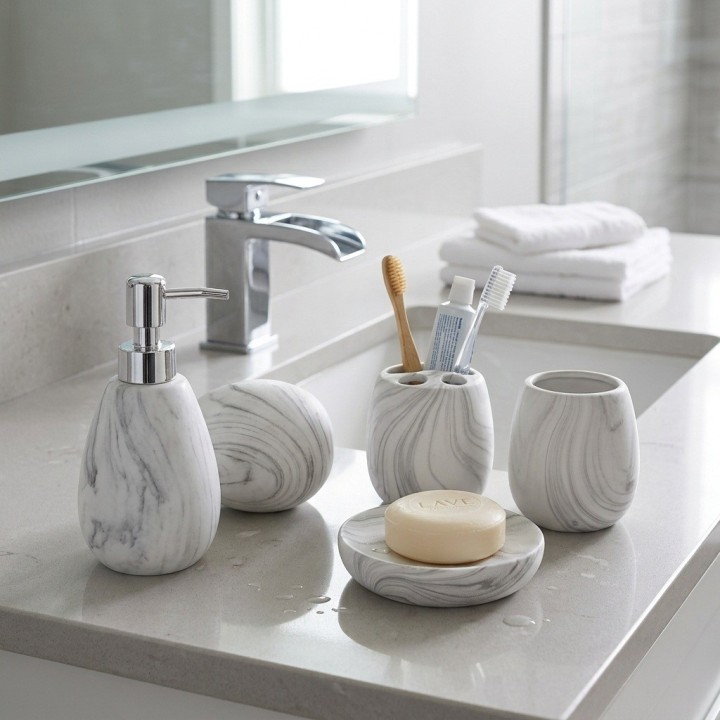 Set 4 Accesorios De Baño Efecto Mármol Blanco