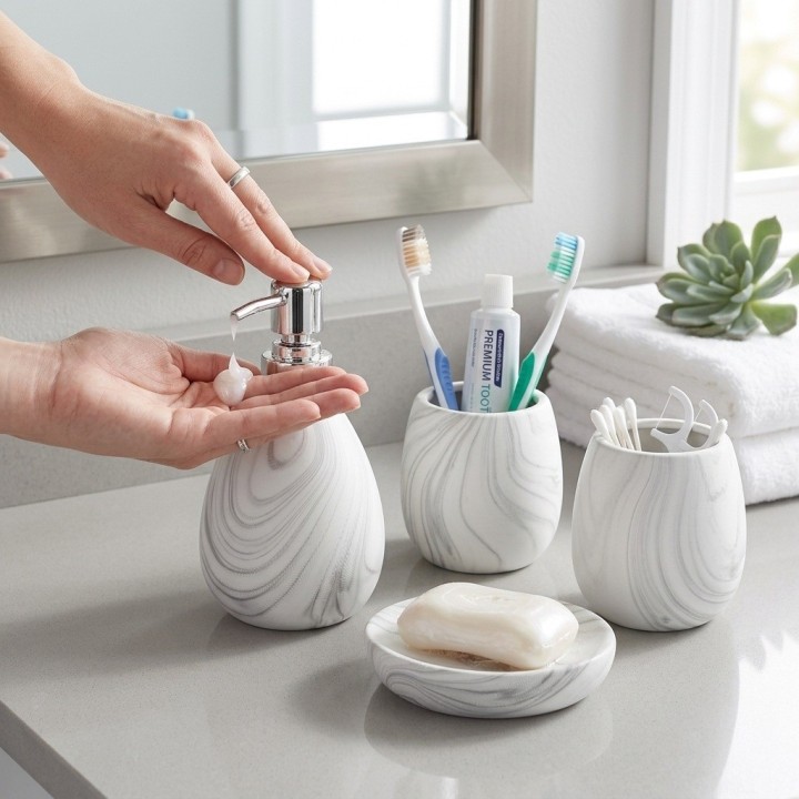Set 4 Accesorios De Baño Efecto Mármol Blanco