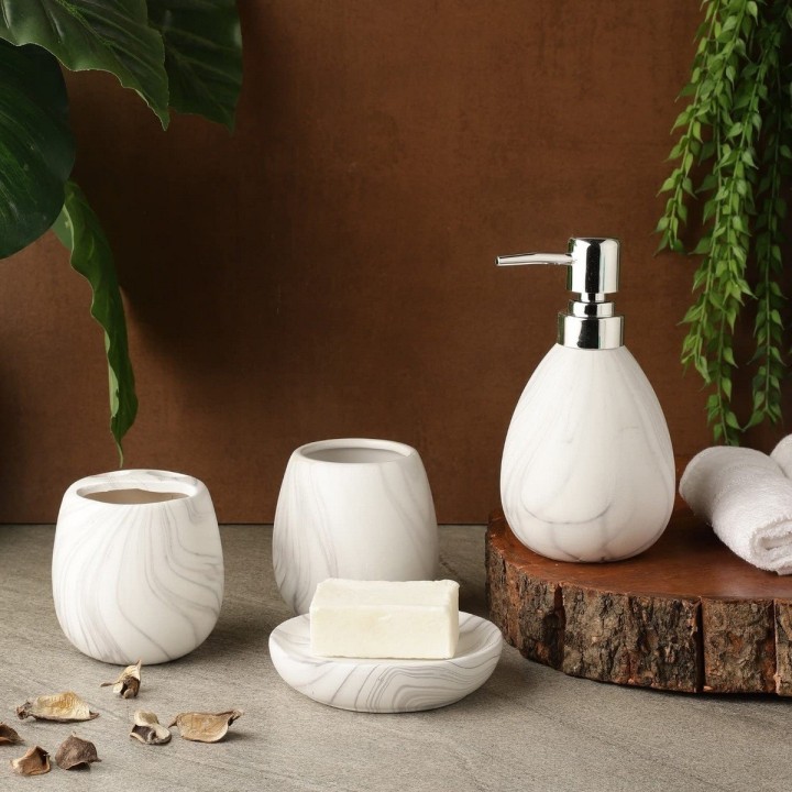 Set 4 Accesorios De Baño Efecto Mármol Blanco