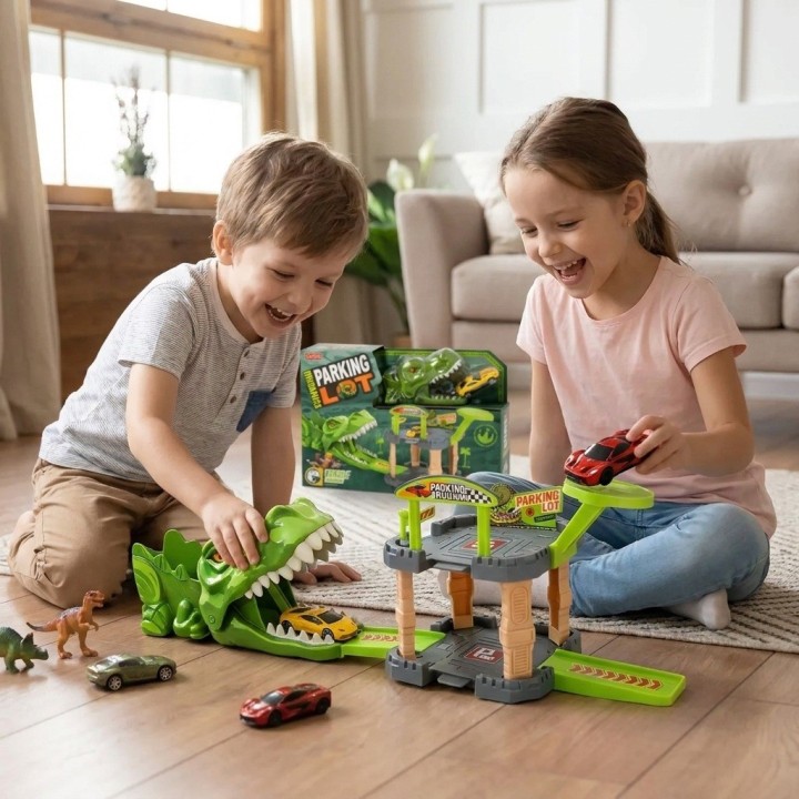 Dino Parking Lot: Pista Dinosaurio Con Lanzador Y Vehículos