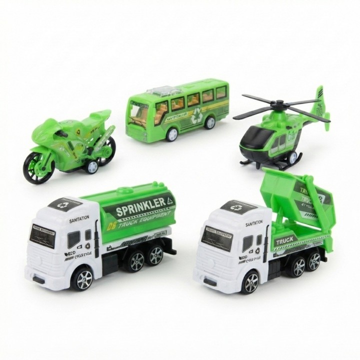 Set 5 Vehículos Juguete Ciudad Aseo Camión Y Helicóptero