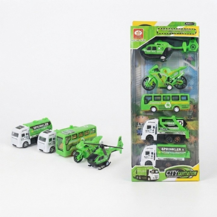 Set 5 Vehículos Juguete Ciudad Aseo Camión Y Helicóptero