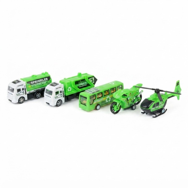 Set 5 Vehículos Juguete Ciudad Aseo Camión Y Helicóptero