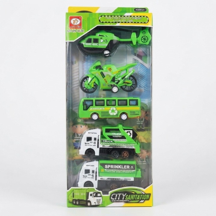 Set 5 Vehículos Juguete Ciudad Aseo Camión Y Helicóptero