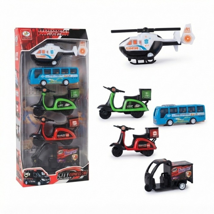 Set 5 Vehículos Juguete Ciudad Express Helicóptero Motos