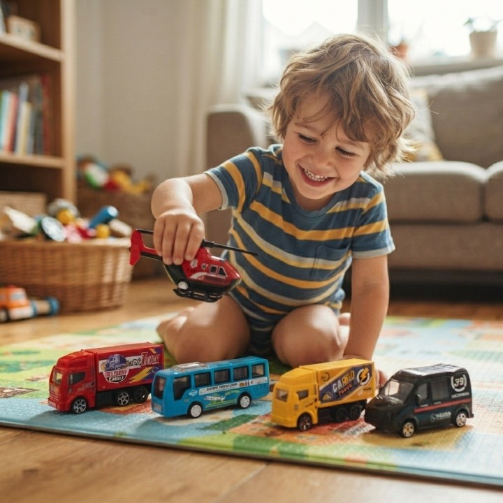 Set 5 Vehiculos Juguete Friccion Camiones Bus Helicoptero