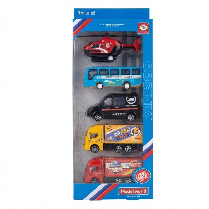 Set 5 Vehiculos Juguete Friccion Camiones Bus Helicoptero