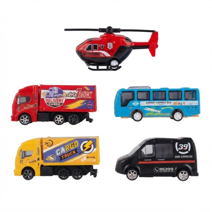 Set 5 Vehiculos Juguete Friccion Camiones Bus Helicoptero