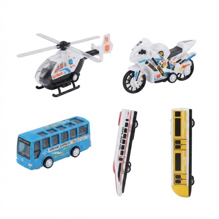 Set 5 Vehiculos Juguete Friccion Tren Moto Helicoptero Bus