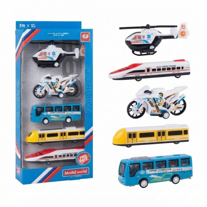 Set 5 Vehiculos Juguete Friccion Tren Moto Helicoptero Bus
