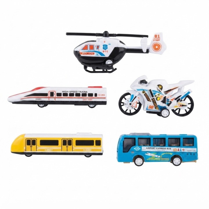 Set 5 Vehiculos Juguete Friccion Tren Moto Helicoptero Bus