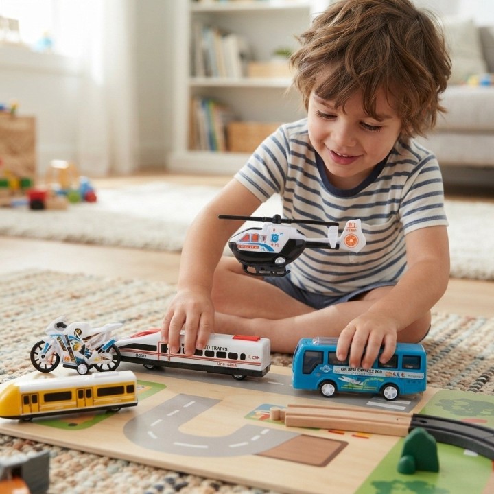 Set 5 Vehiculos Juguete Friccion Tren Moto Helicoptero Bus