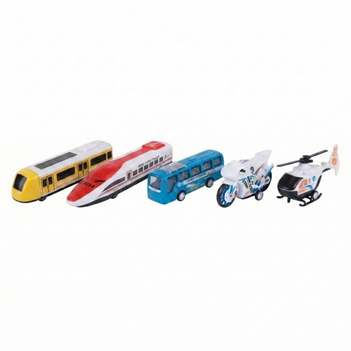 Set 5 Vehiculos Juguete Friccion Tren Moto Helicoptero Bus