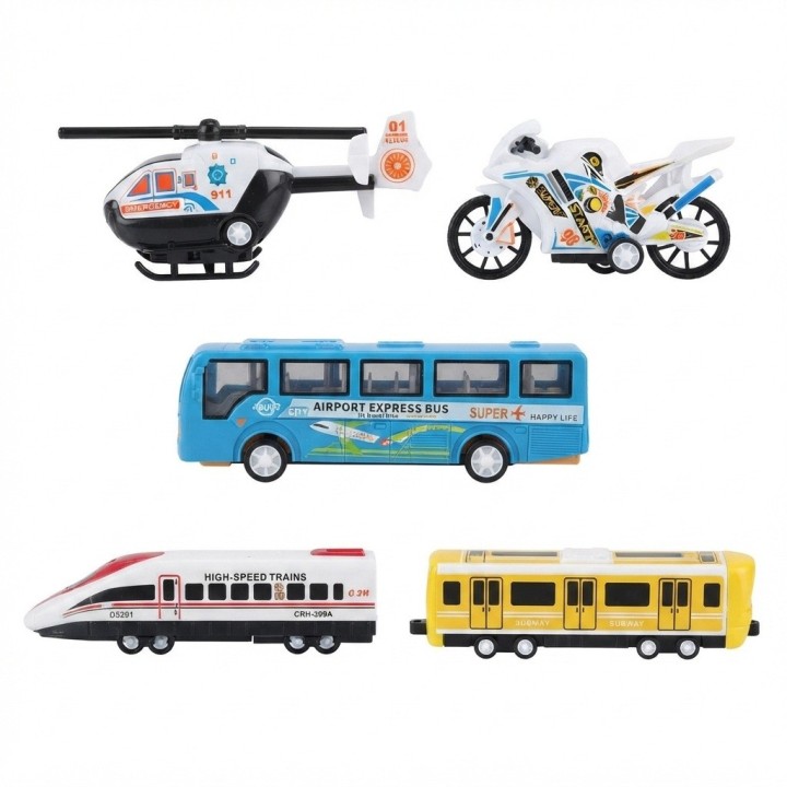 Set 5 Vehiculos Juguete Friccion Tren Moto Helicoptero Bus