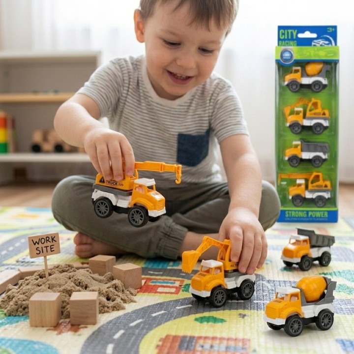 Set 4 Carritos Construcción Juguete Fricción Niños