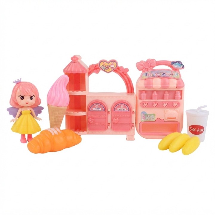 Set Heladería Cafetería De Juguete Con Muñeca Y Alimentos