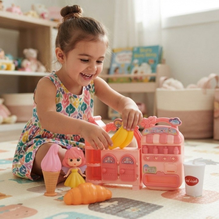 Set Heladería Cafetería De Juguete Con Muñeca Y Alimentos