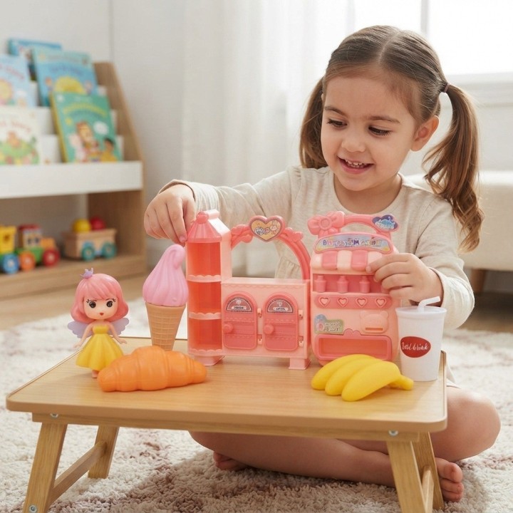 Set Heladería Cafetería De Juguete Con Muñeca Y Alimentos