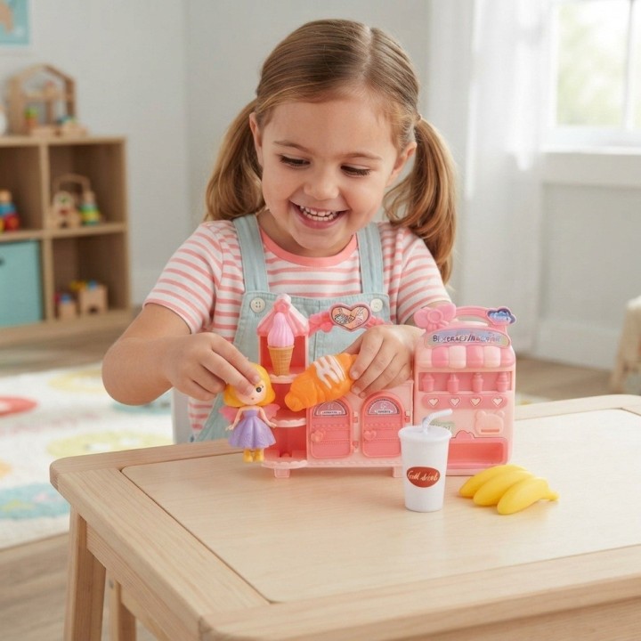 Set Heladería Cafetería De Juguete Con Muñeca Y Alimentos