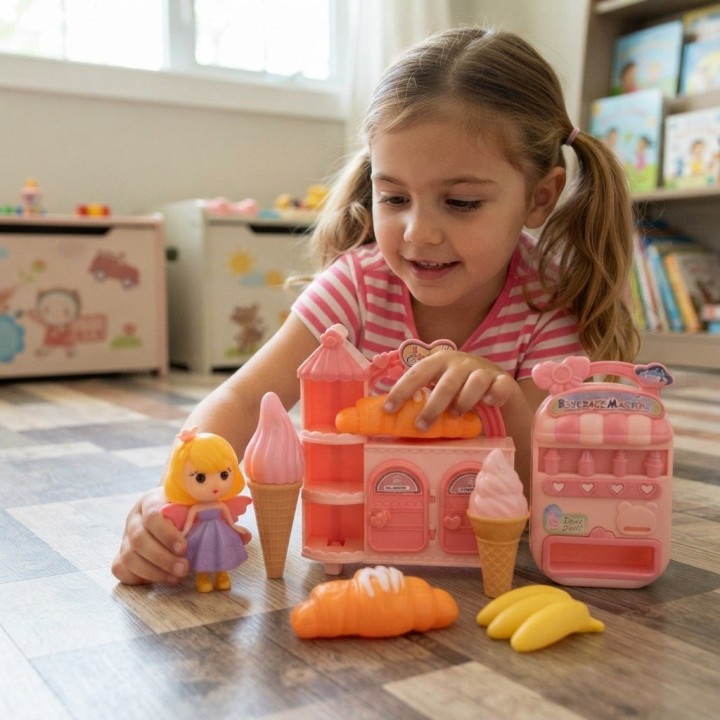 Set Heladería Cafetería De Juguete Con Muñeca Y Alimentos
