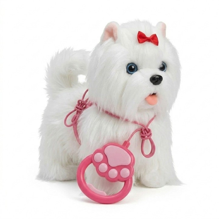 Maltés De Peluche Interactivo Con Correa Y Sonido + Baterias