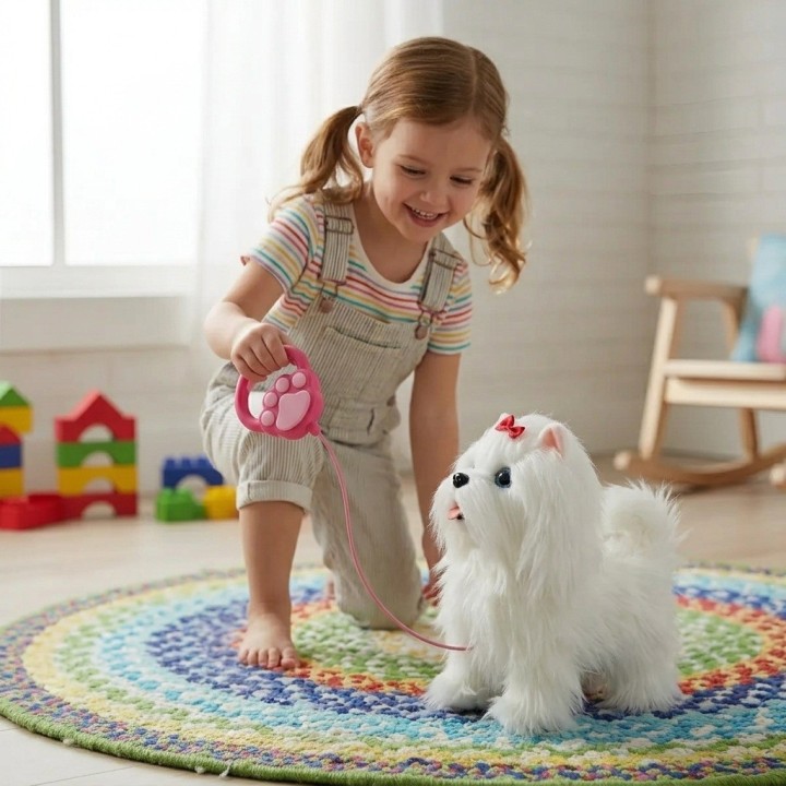 Maltés De Peluche Interactivo Con Correa Y Sonido + Baterias