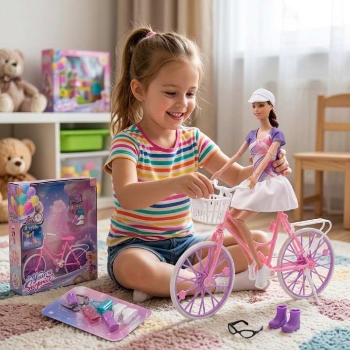 Set Muñeca Deportiva Con Bicicleta Rosada Y Accesorios