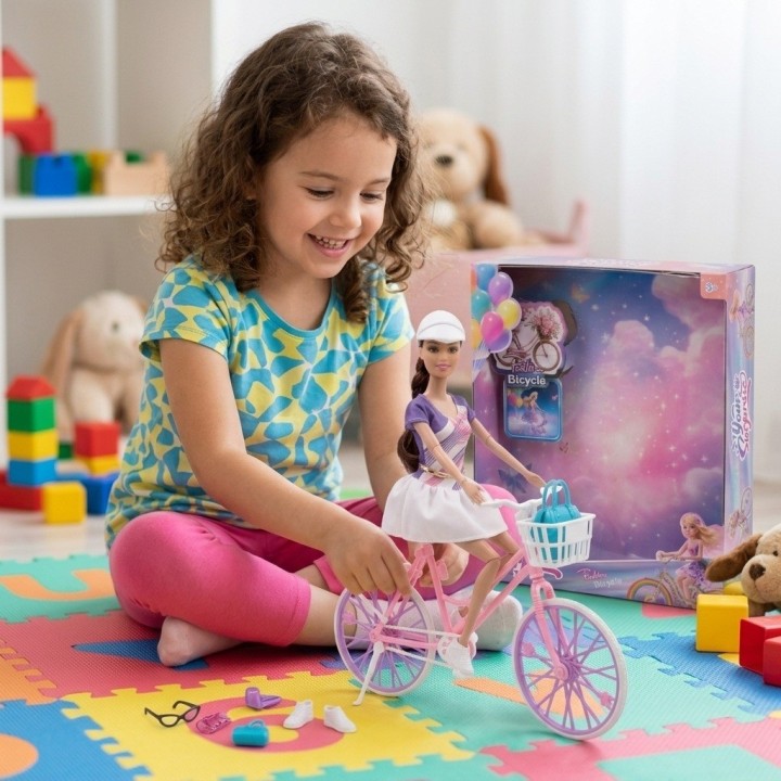 Set Muñeca Deportiva Con Bicicleta Rosada Y Accesorios