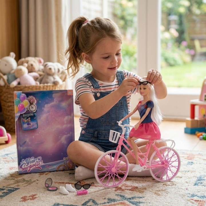 Set Muñeca Deportiva Con Bicicleta Rosada Y Accesorios