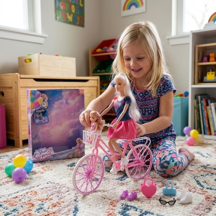 Set Muñeca Deportiva Con Bicicleta Rosada Y Accesorios